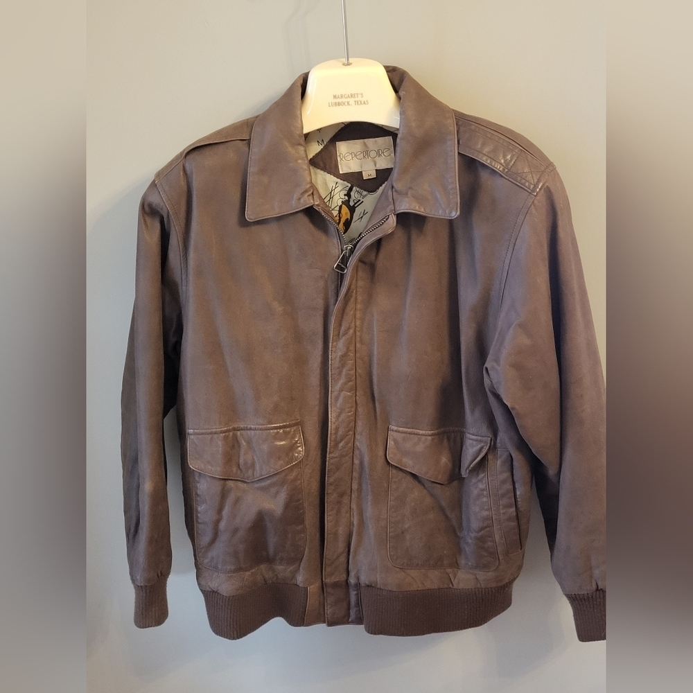 Repertoire Medium Brown Leather Bomber Jacket Polyester Lining